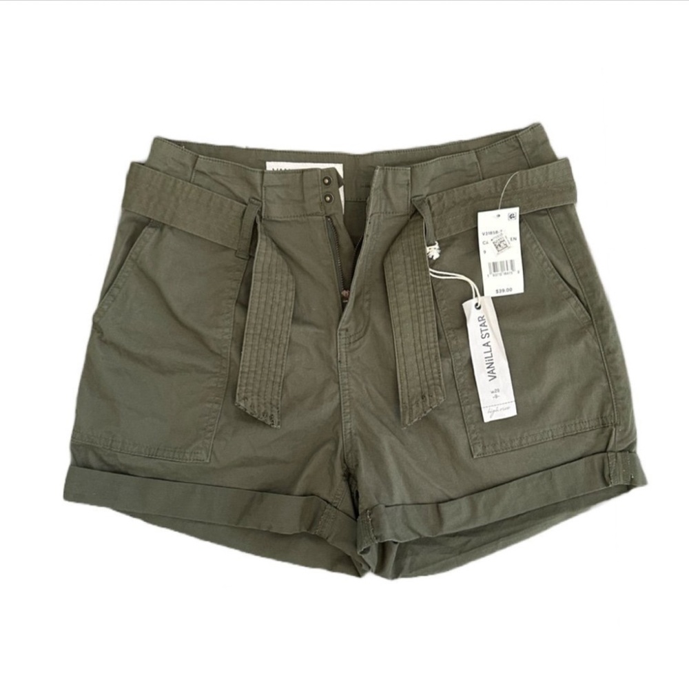Vanilla Star Olive Women’s High Rise Pleat Front Tie Waist Shorts Size 29/9 NWT